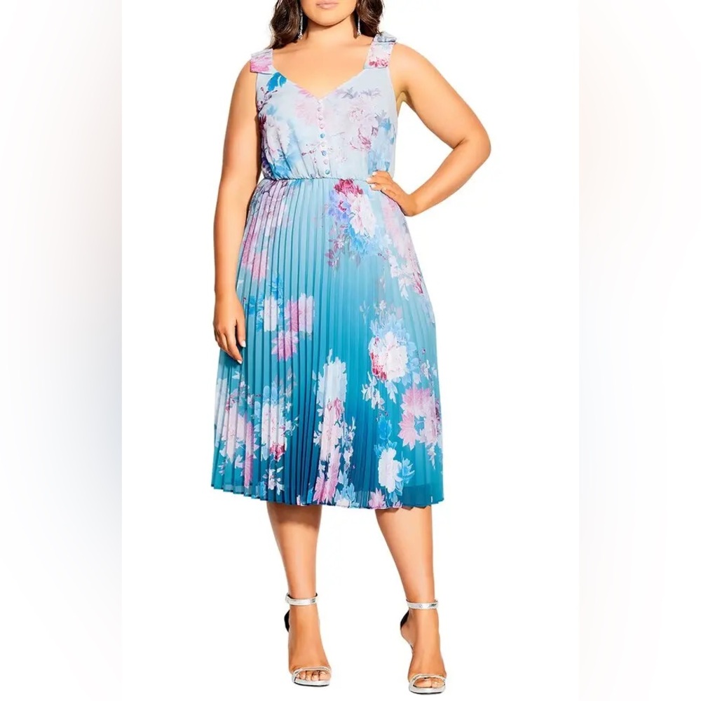 City Chic Blue Floral Pleated Midi Dress
